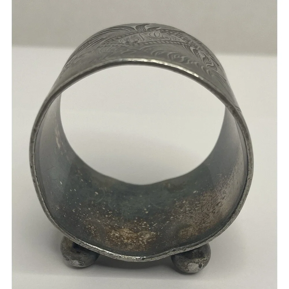 Antique Etched Napkin Ring Silver Plated Ball Feet Monogram Feather Leaf Motif